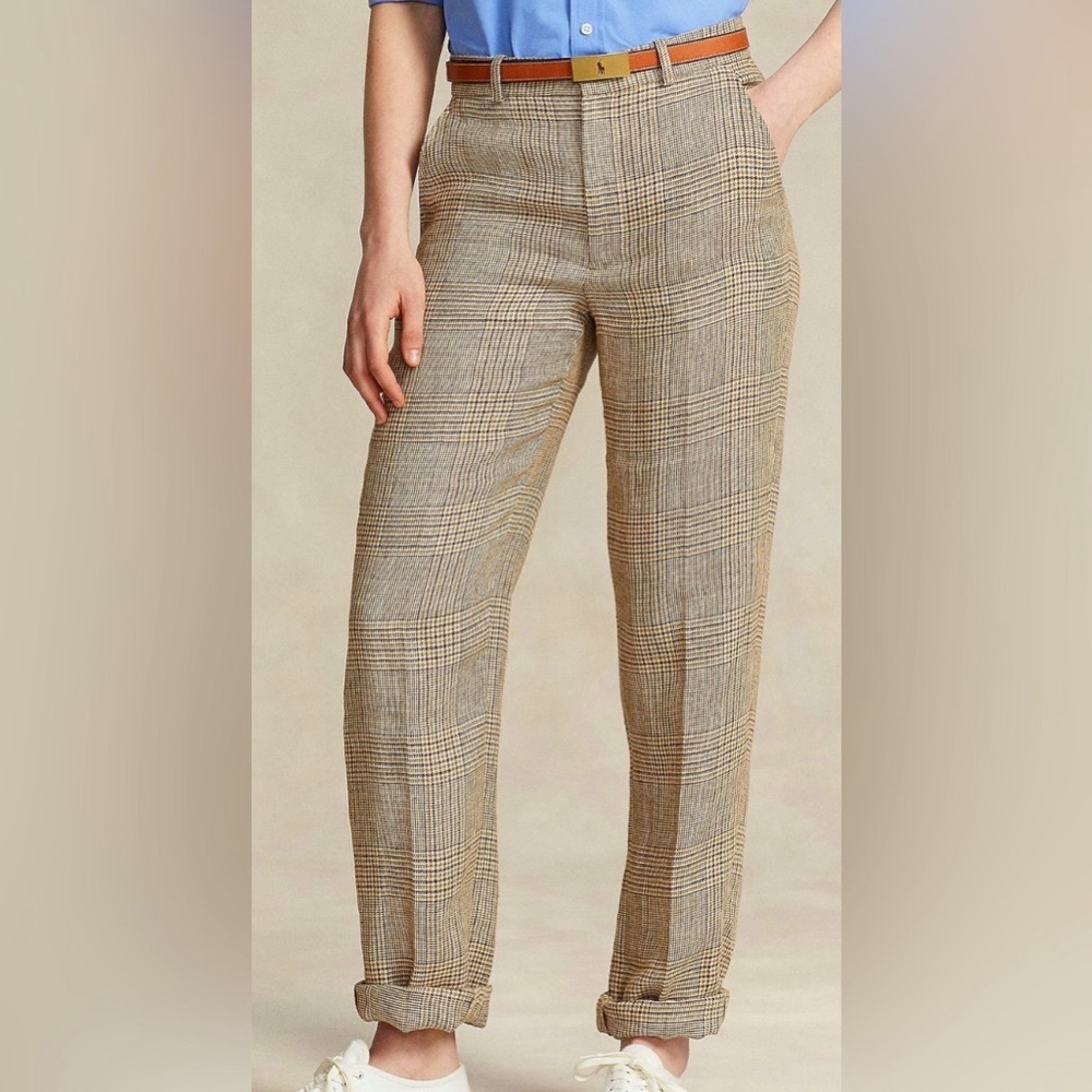 Polo Ralph Lauren Glen Plaid 100% Linen Tweed Pant vintage beige plaid size 2